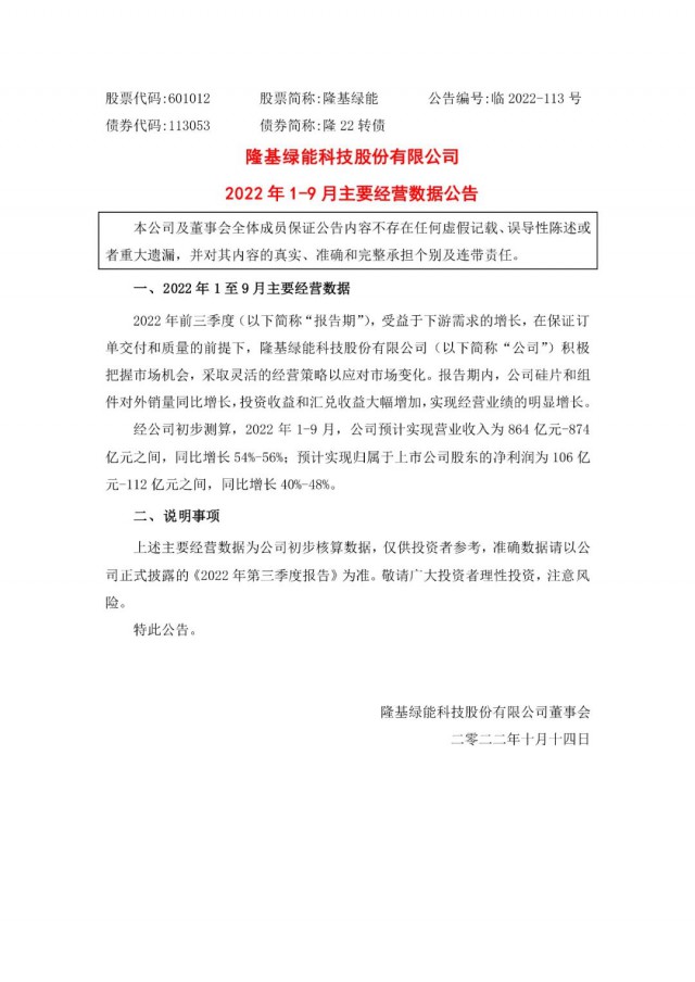 隆基綠能：營(yíng)收或超864億，預(yù)計(jì)前三季凈利或在106億元-112億元之間